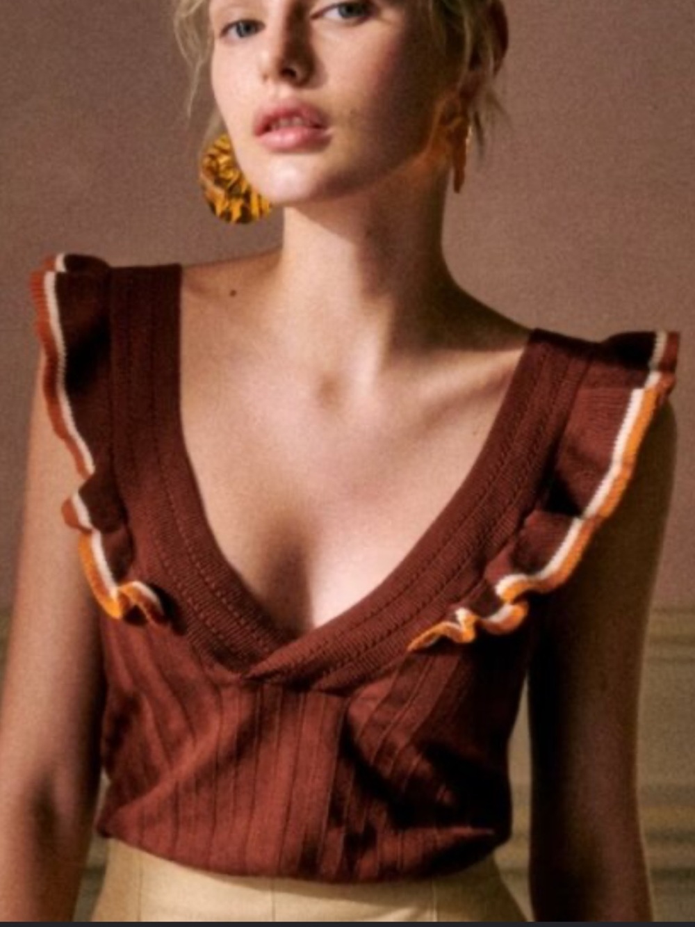 Sezane Ribbed Ruffle V-Neck Tank in Deep Brown with Trim